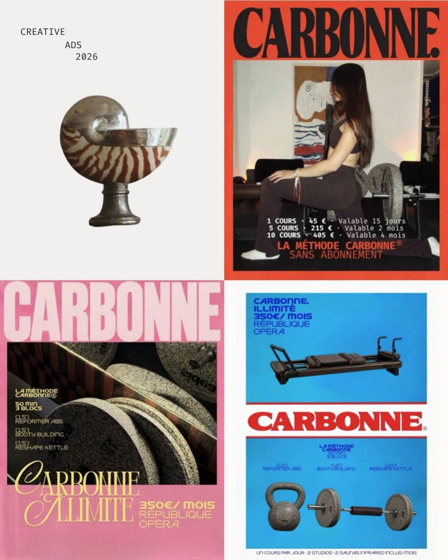 Publicités Carbonne 2026 en rouge, rose et bleu avec offres de cours
