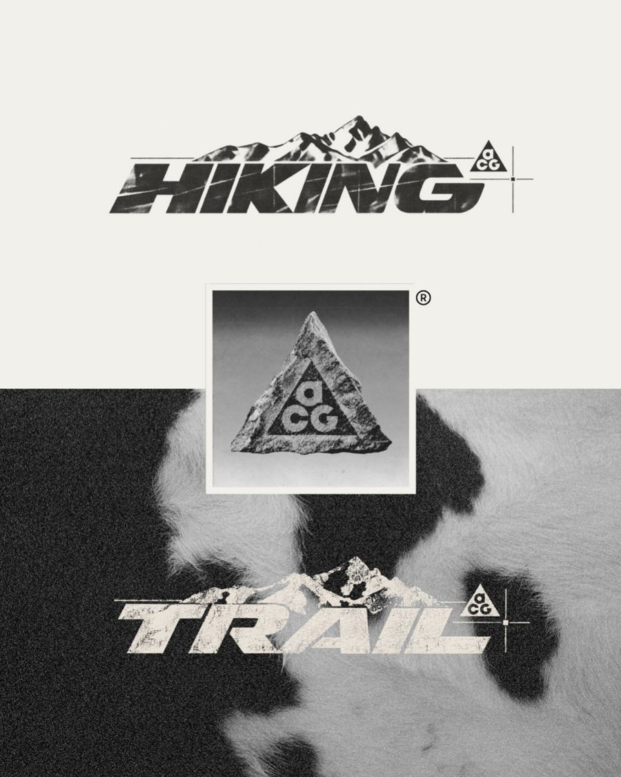 Logotypes Hiking et Trail Nike ACG avec crêtes de montagne et logo ACG en pierre