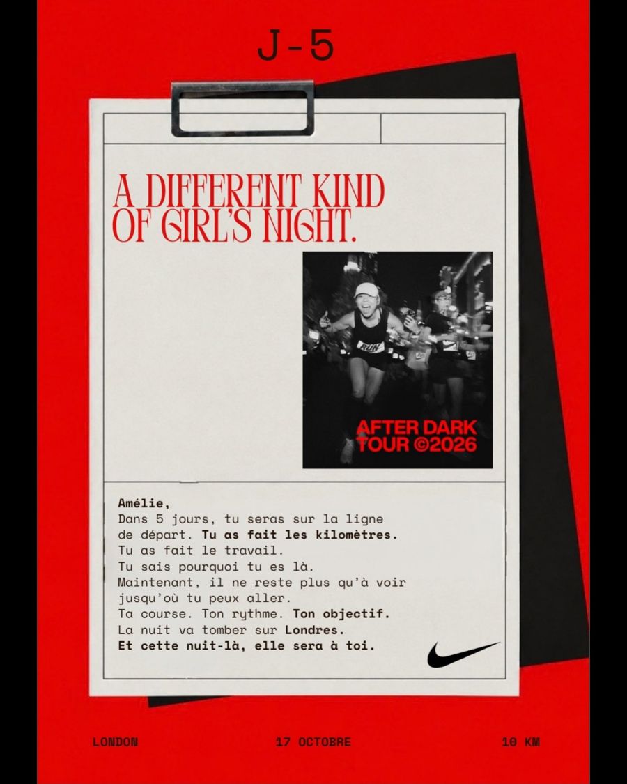 Affiche J-5 Nike After Dark Tour 2026, lettre à une coureuse et photo de nuit