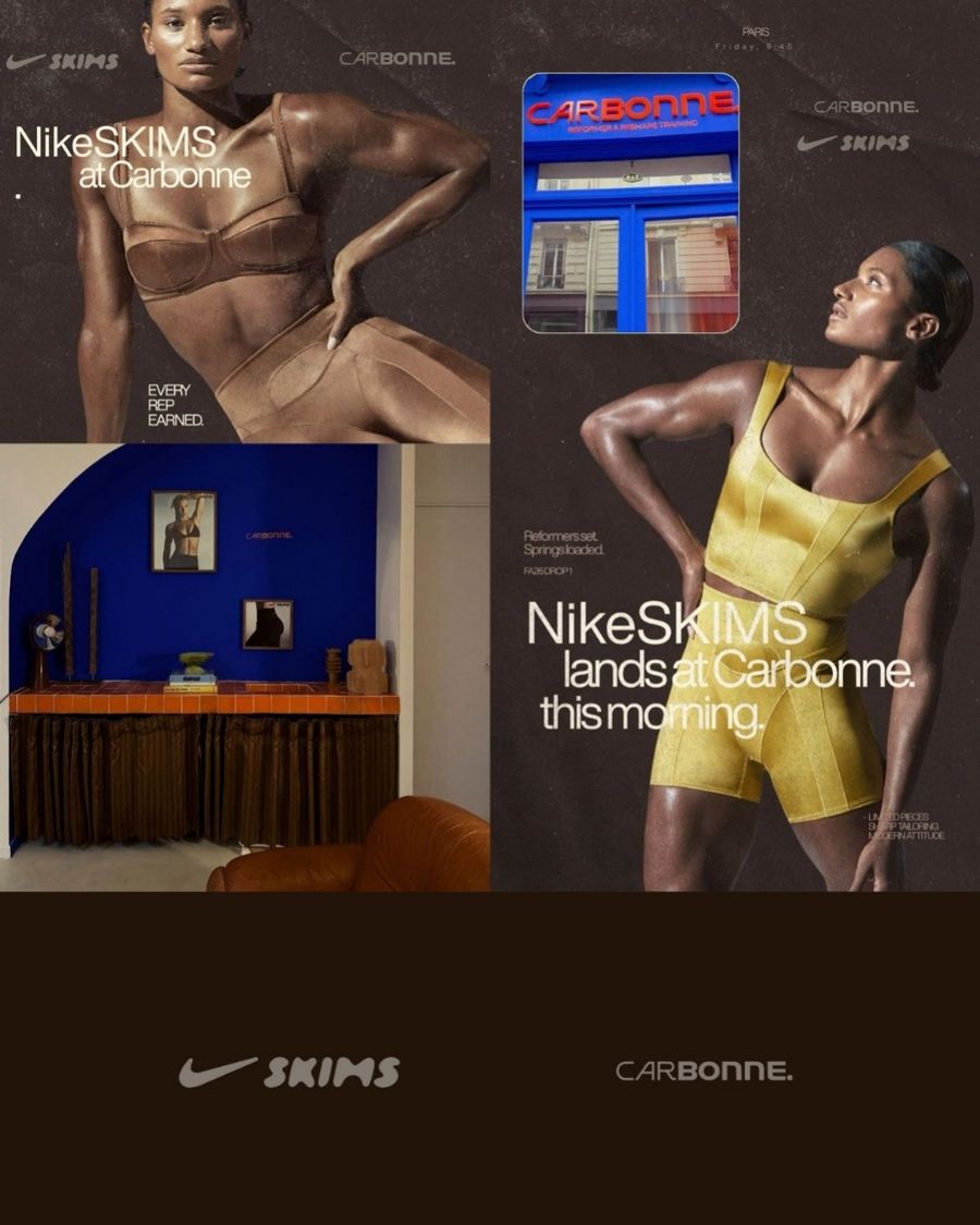 Campagne NikeSKIMS lands at Carbonne, athlète en ensemble doré et façade bleue