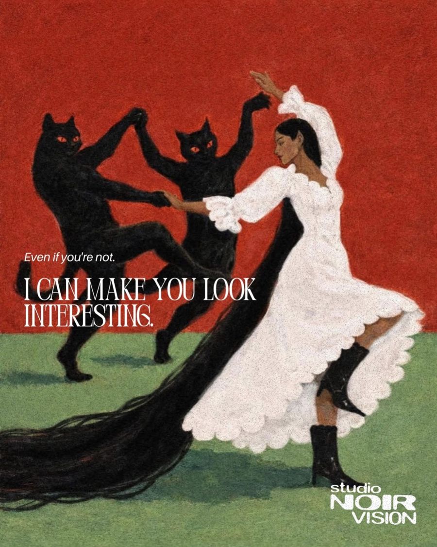 Affiche I can make you look interesting, danseuse et chats noirs