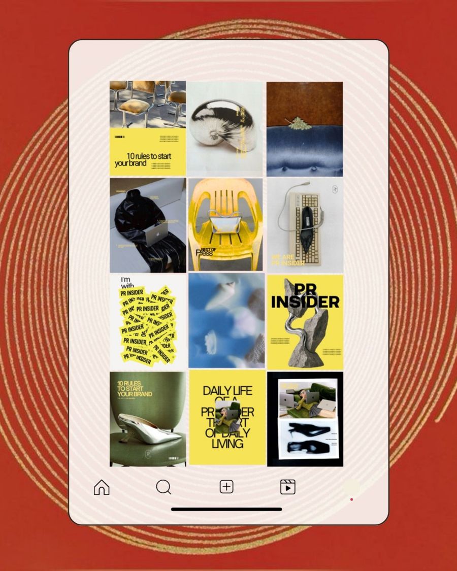 Feed Instagram PR Insider jaune avec objets chromés